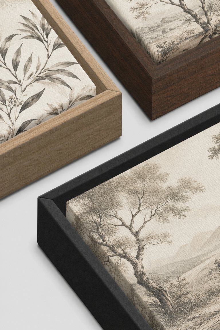 Close-up details of a premium framed heritage art print and textured archival mount paper illustrating an elegant editorial e-commerce catalogue experience.