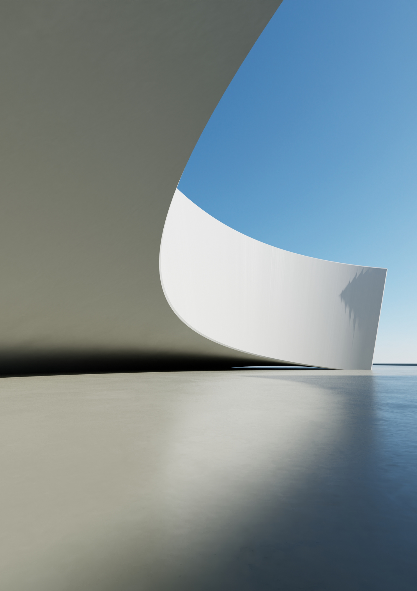 Minimalist white architectural concrete structure with sweeping curves and a clear sky, conveying a sense of premium retreat sanctuary.