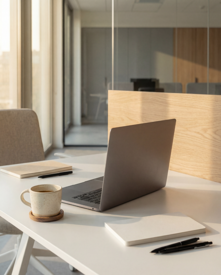 Minimalist design-led workspace featuring an open linen notebook, brass pen, and laptop on a warm wooden desk for Absolutely Anthia website conversion insights.