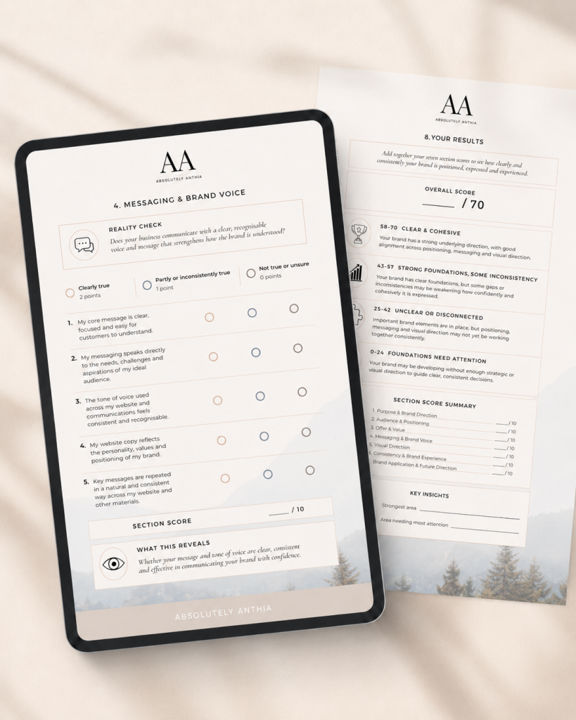 Brand Clarity Scorecard shown on a tablet with results page beside it