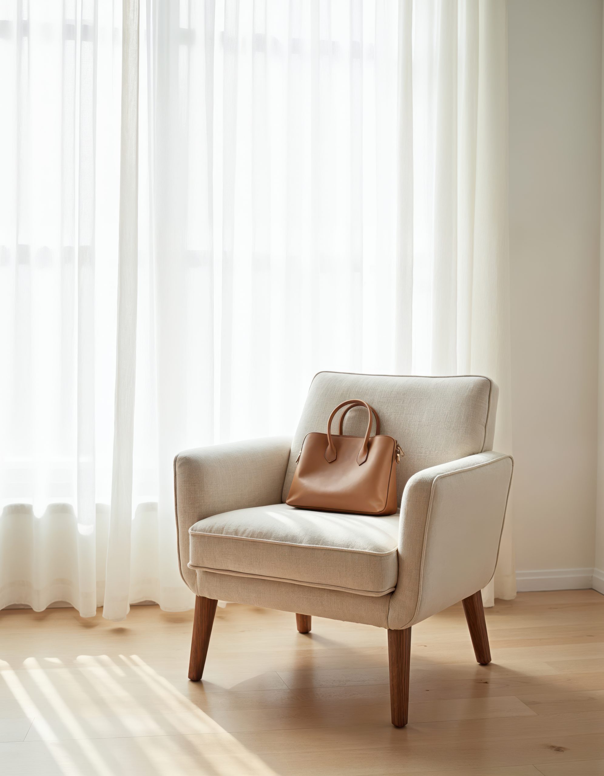 Neutral armchair with a tan handbag in a bright interior