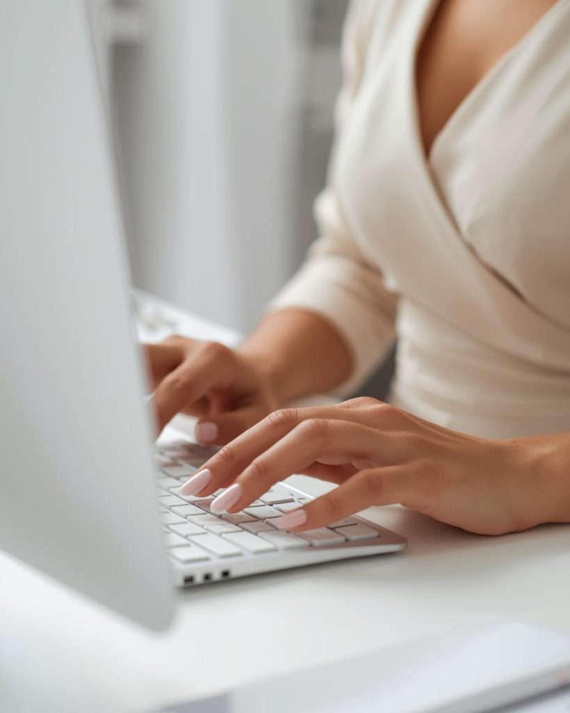 Woman working on a laptop in a neutral workspace