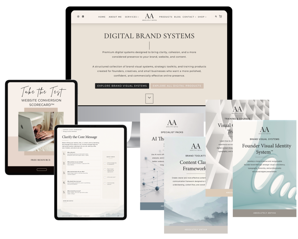 Digital brand systems and business resources displayed across desktop, tablet and workbook mock-ups