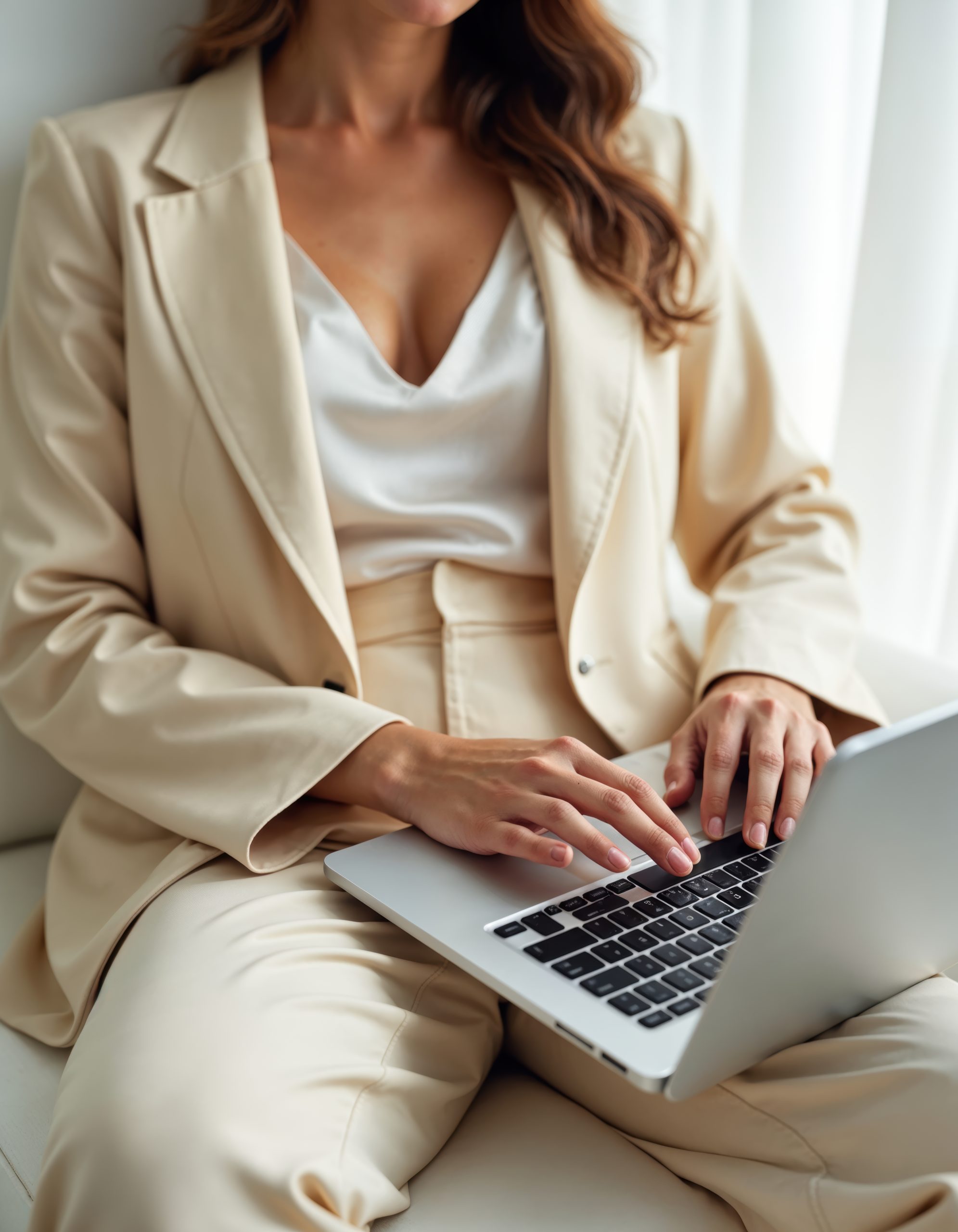 Woman working on a laptop while seated in a neutral interior